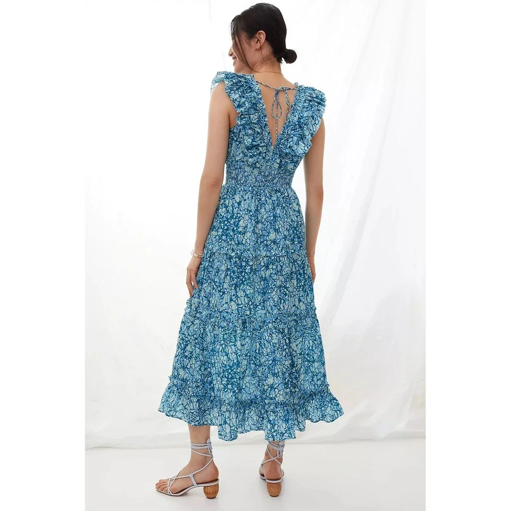 Love The Label Azalea Tiered Ruffle Midi Dress Large Blue Batik Floral Smocked